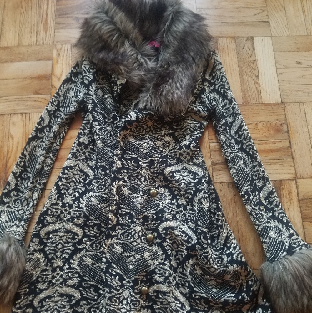 Betsey Johnson Faux Fur trim rock star coat